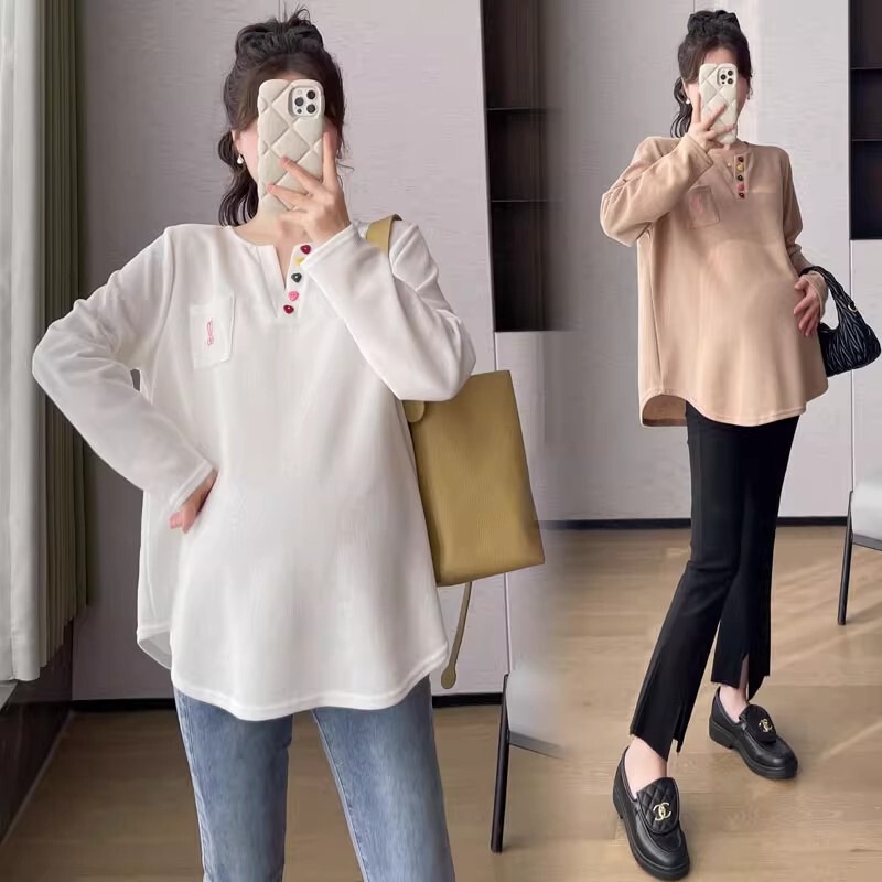 Maternity Wear Autumn and Winter T-Shirt Bottoming Shirt Sweatshirt Spring & Fall New Casual V Neck Top Fashionable Korean Style Loose Long-Sleeved T-Shirt Maternity Wear Autumn and Winter T-Shirt Bottoming Shirt Sweatshirt Spring & Fall New Casual V Neck Top Fashionable Korean Style Loose Long-Sleeved T-Shirt