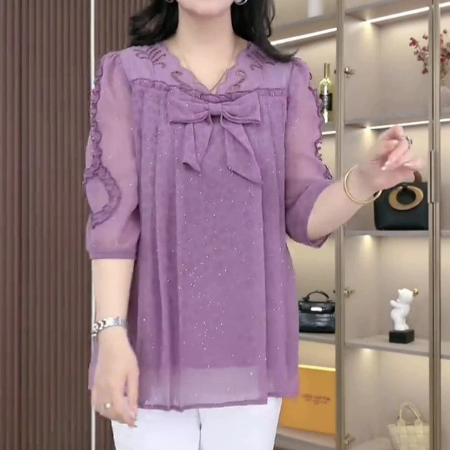 Летняя новая модная универсальная легкая роскошная драпированная шифоновая блузка, свободный топ для похудения для женщин среднего возраста