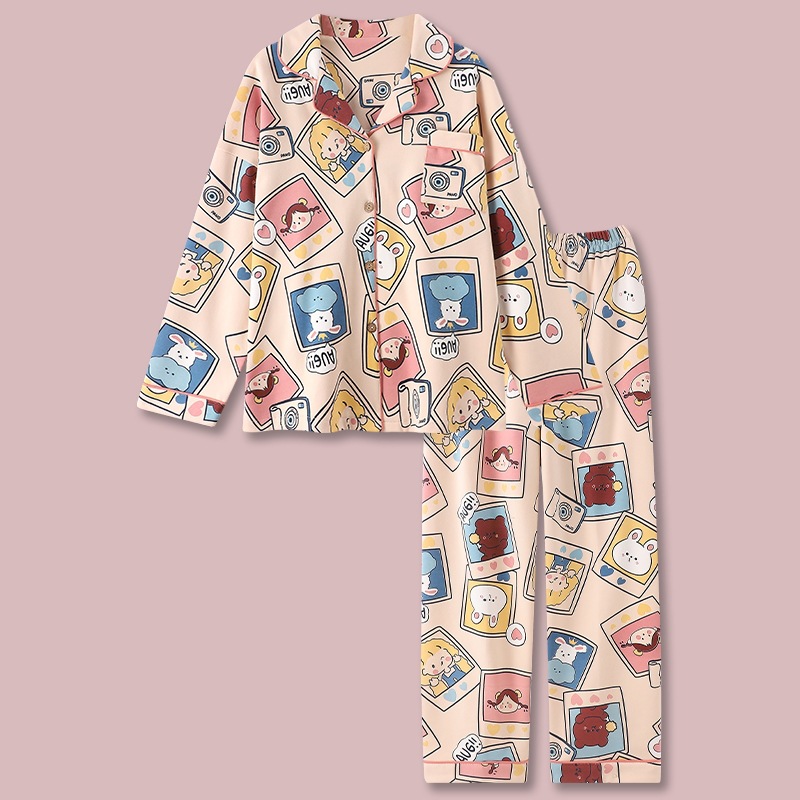 Women's Spring and Autumn Long-Sleeve Pajama Set 2022 New Student Collarless Open Top Korean Style Cute Casual Home Wear One Piece Set