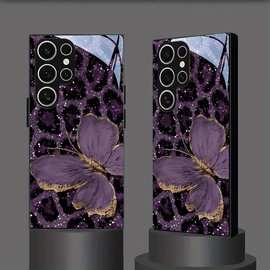 紫色豹纹金箔蝴蝶适用三星S24手机壳s25ultra跨境热销高透玻璃s20