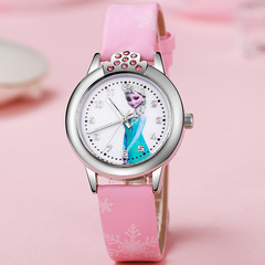 新款冰雪奇緣卡通皮帶兒童手錶 艾莎安娜公主印花水鑽女孩石英表