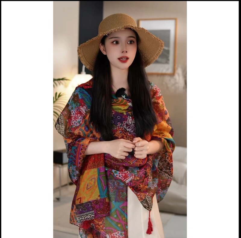 云南青海旅游丝巾夏季高级感女式中长外披复古民族风防晒盘扣披肩|undefined