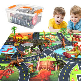 跨境仿真儿童霸王龙腕龙模型玩具恐龙世界游戏地毯收纳盒场景套装