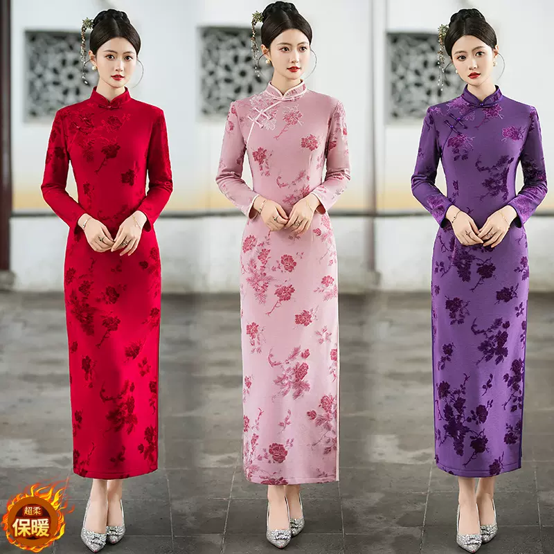 秋冬季新款弹力针织植绒长款旗袍喜婆婆宴会妈妈装复古礼服旗袍裙