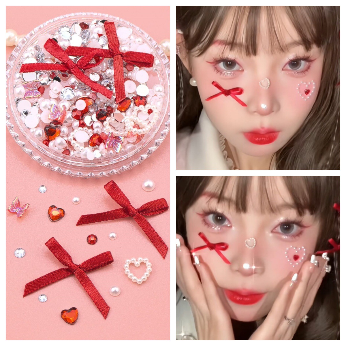 彩色蝴蝶结眼妆氛围感蝴蝶丝带爱心钻珍珠贴演唱会网红妆舞台表演