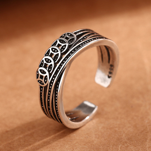 Caroge Retro Thai Silver Chinese Style Coins Copper Money Lucky Ring Women's Double Line Open Ring