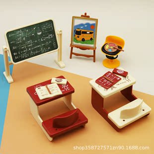 Simulation cute mini play house classroom studio desk blackboard chair suit model small ornaments children's toys