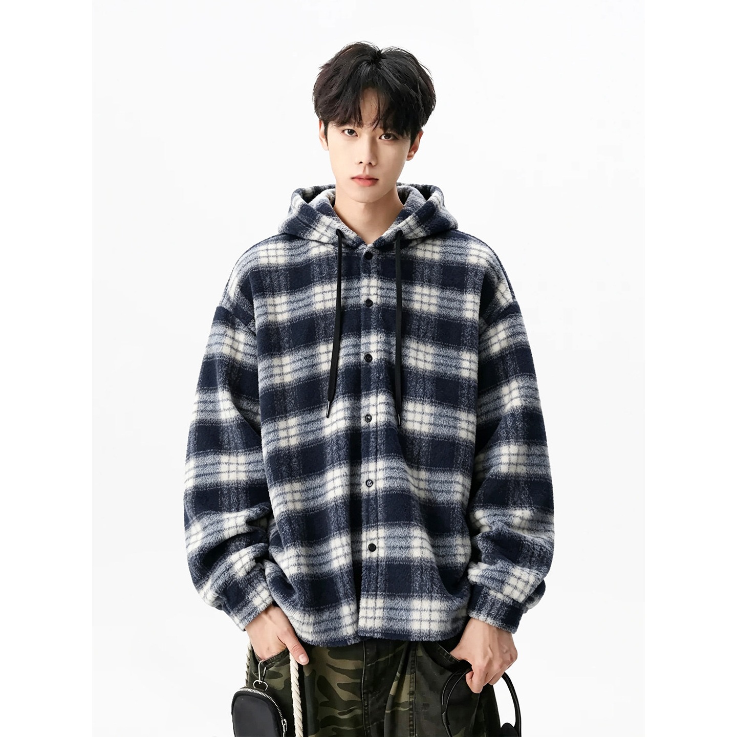 American-style brushed plaid hooded sweatshirt for men, autumn retro color-block plaid shirt jacket, loose long-sleeve trendy style