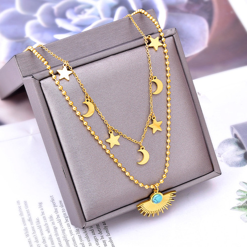 Literary retro baby's breath double-layer bracelet turquoise fan-shaped five-pointed star earrings set titanium steel necklace women's jewelry