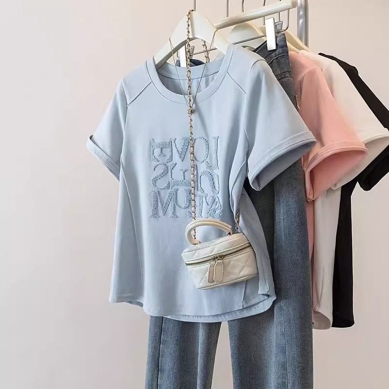 大きいサイズの文字刺繍入りフィッシュボーン半袖Tシャツ女性用2025年夏新作ファットmmルーズスリミングトップ女性用|undefined