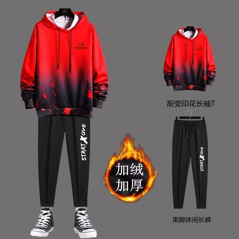 Nuevo suéter con capucha de gradiente forrado de lana para hombres jóvenes traje casual más tamaño estilo coreano deportes primavera y otoño moda todo a juego