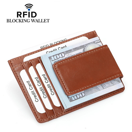 Directly supplied from the manufacturer, a drop-shipping men's first-layer cowhide Crazy Horse pickup bag European and American anti-magnetic dollar clip