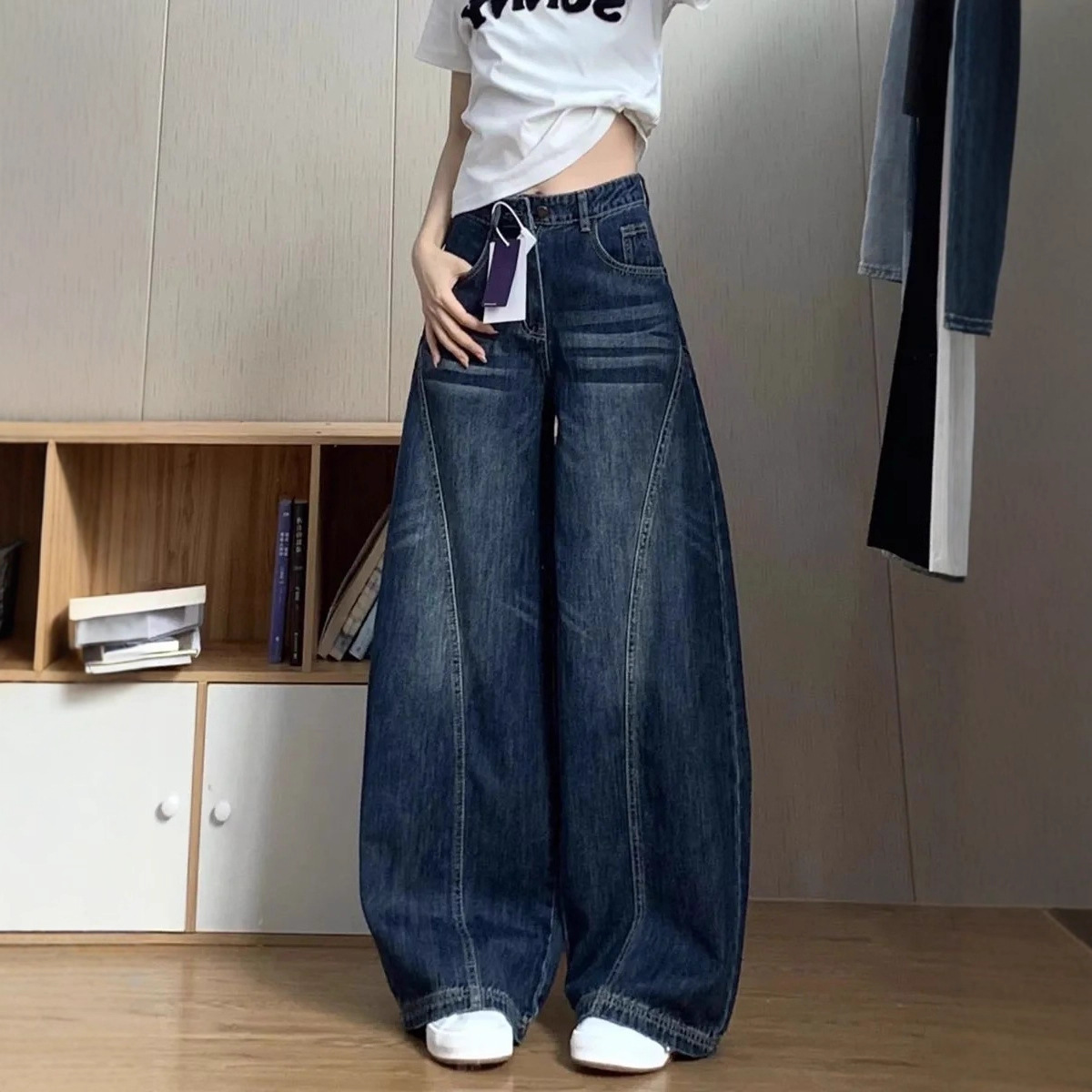 美式复古水洗弯刀阔腿牛仔裤女小个子设计高腰宽松直筒裤拖地长裤