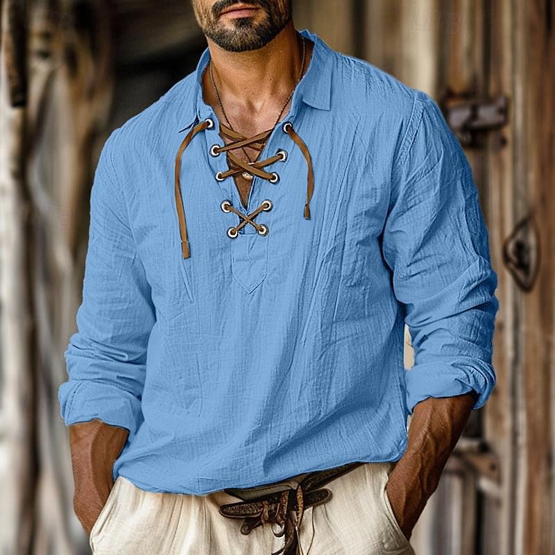 European and American Men's New Cotton and Linen Lapel Loose Shirt Home Pullover V-Neck Tether Long Sleeve Shirt Cross-border Men's Clothing European and American Men's New Cotton and Linen Lapel Loose Shirt Home Pullover V-Neck Tether Long Sleeve Shirt Cross-border Men's Clothing