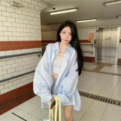 慵懒风条纹polo领衬衫外套女夏季防晒衬衣宽松休闲开衫中长款上衣