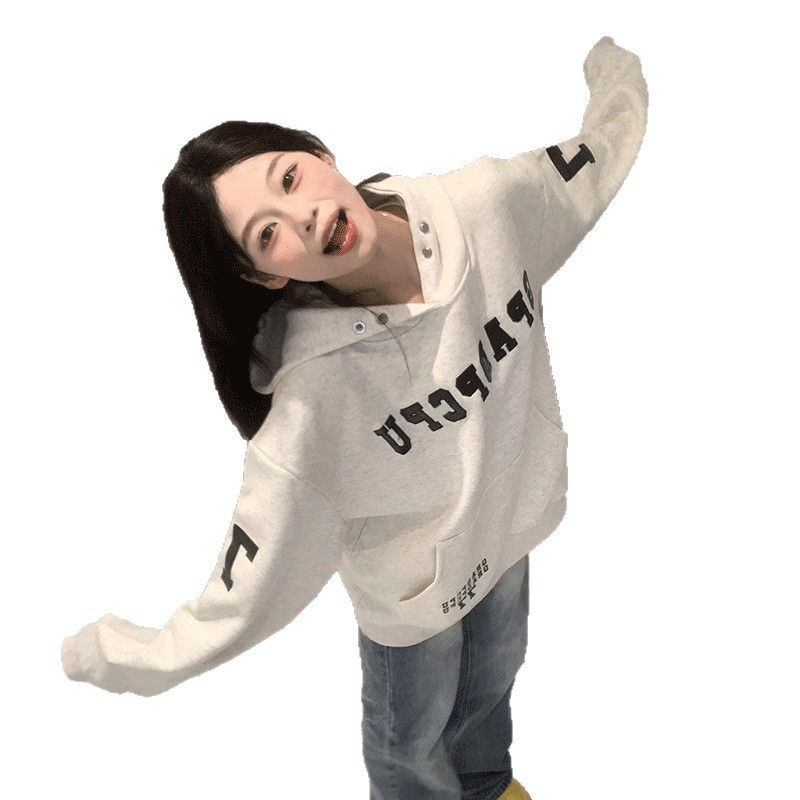 美式复古灰色刺绣连帽卫衣女春秋oversize潮牌宽松小众设计感外套|undefined