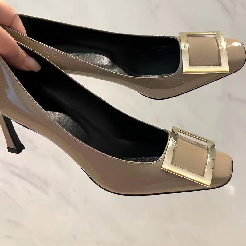 2026 New Elephant Gray Thin Heel Metal Square Buckle High Heels, Niche Comfortable Versatile Light Luxury Non-Tiring Women's Shoes