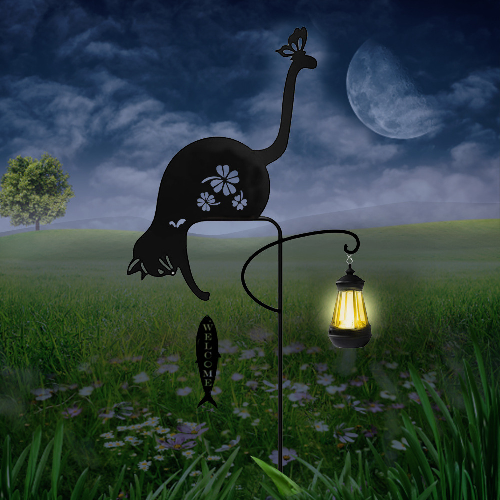 Hogar transfronterizo al aire libre impermeable inserción de césped hierro forjado gato animal modelado jardín jardín jardín decoración luz solar