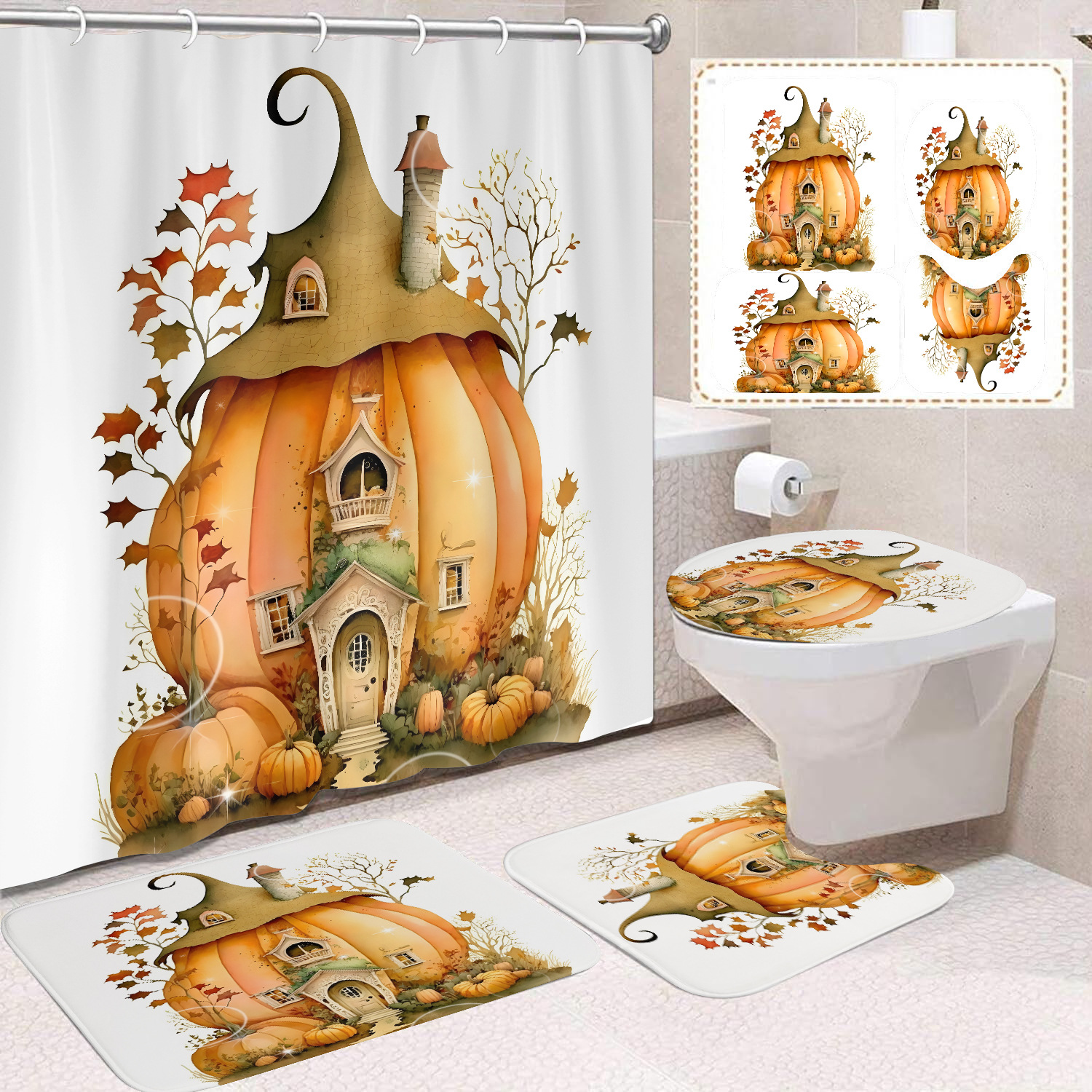 Cortina de ducha de Acción de Gracias, cosecha de otoño, serie de calabaza, cortina de ducha, cortina de baño, cortina de baño impermeable de poliéster, cortina de baño de cuatro piezas image 56