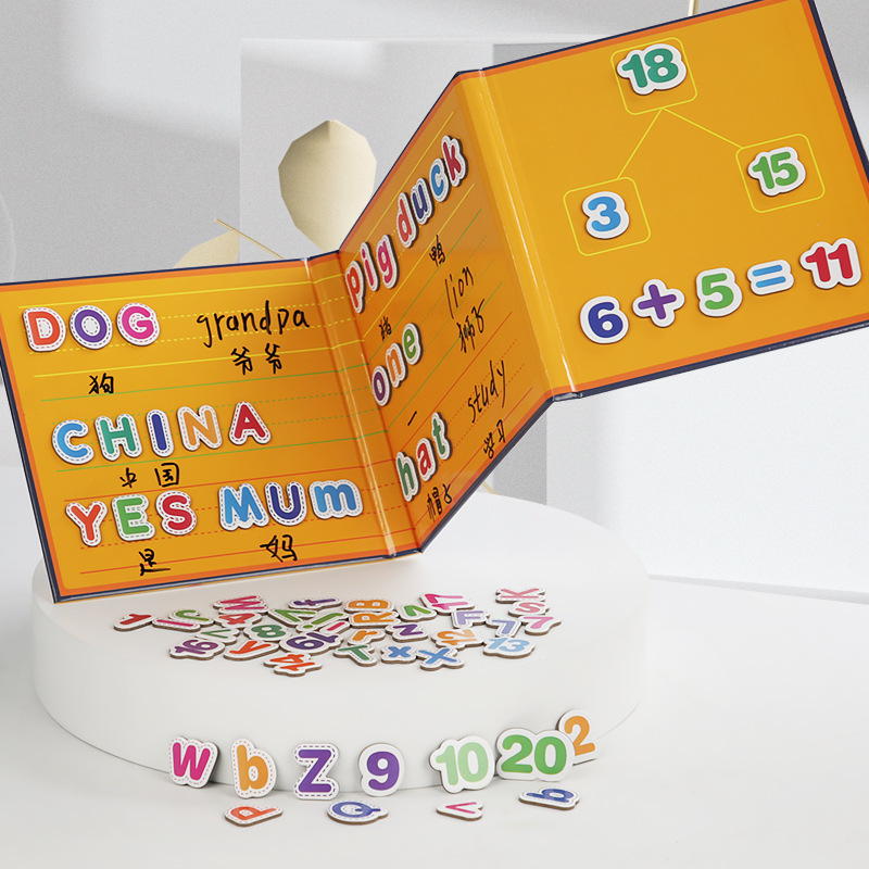 Puzzle de educación temprana para niños transfronterizos, tablero de dibujo con clip de libro avanzado cuatro en uno, pegatinas de alfabeto digital, libro de rompecabezas al por mayor