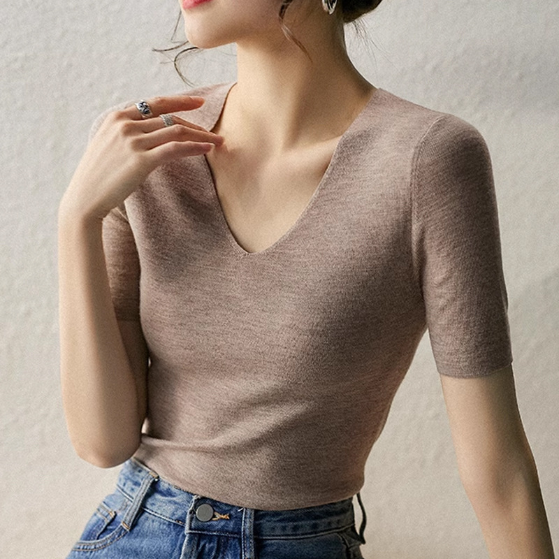 2025 New Summer Knitted Short-Sleeved Women's V Neck/Ship Collar Comfortable and Breathable Short-Sleeved T-Shirt Knitted Bottoming Shirt Top 2025 New Summer Knitted Short-Sleeved Women's V Neck/Ship Collar Comfortable and Breathable Short-Sleeved T-Shirt Knitted Bottoming Shirt Top