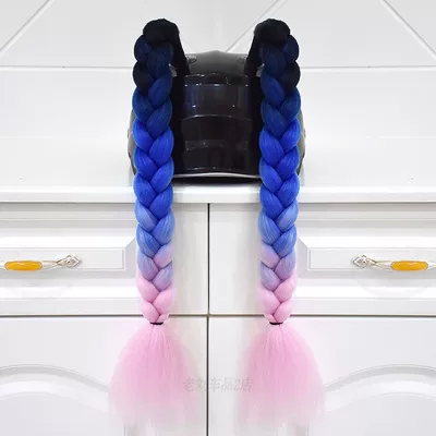 Motosiklet dəbilqələri Braids, Double Ponytails - a-pair-of-black-sapphire-blue-and-pink-braids
