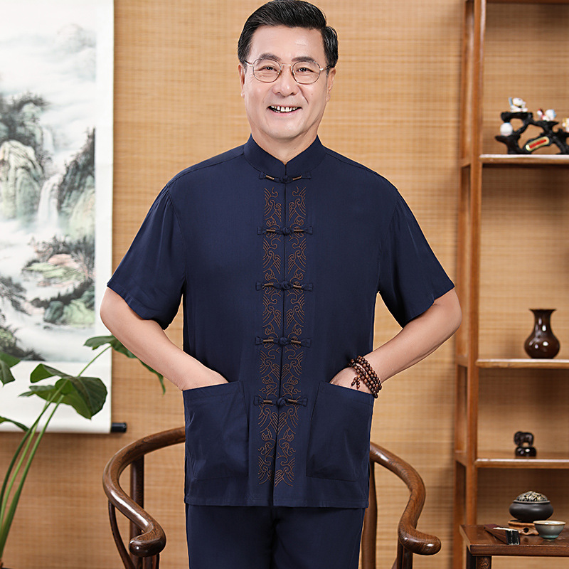 中华立领男装汉服禅服夏款刺绣唐装男短袖中式休闲棉麻套装|ru