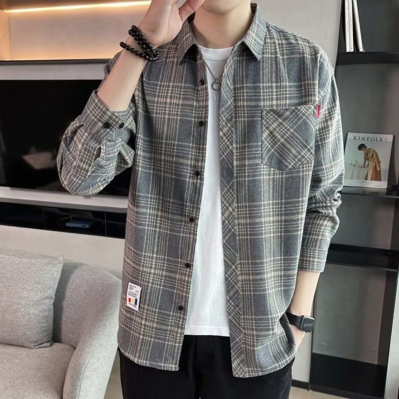Spring and Autumn New Fashionable Plaid Shirt Men's Long-sleeved Loose Hong Kong-style Casual Jacket Teenager Men's Fashionable Top