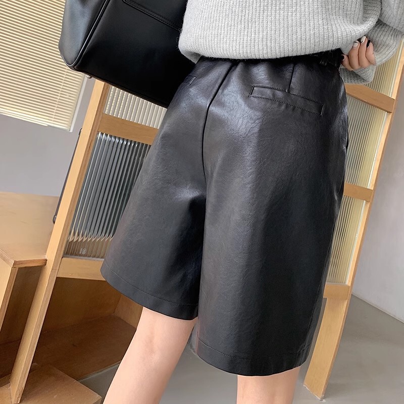 2025 New Style Pu Washed Leather Pants for Women, Spring and Autumn, A-Line High-Waisted Wide-Leg Loose Straight Five-Point Pants, Slimming Bootcut