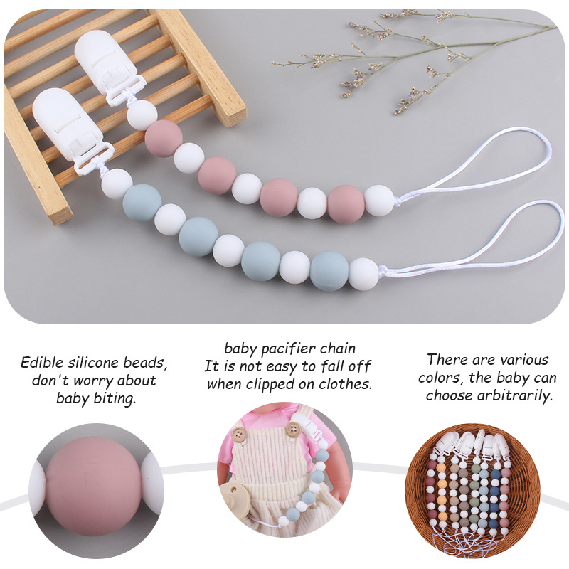 Nuevo bebé suministros de silicona chupete cadena calmante tamaño bebé cuentas mordedura pegamento molar anti-gota cadena AliExpress