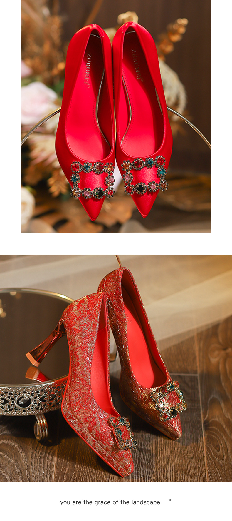 Giày cưới cao cấp mũi nhọn gót cao đế xuồng chống thấm kiểu stiletto — satin đỏ chi tiết 8