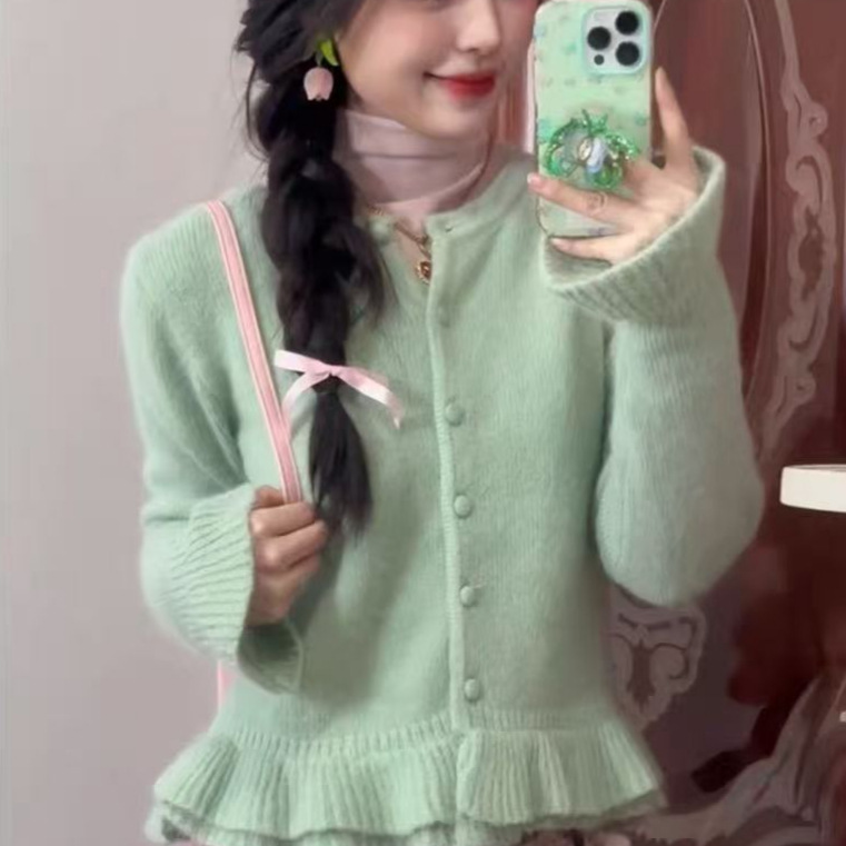 Cross-Border Foreign Trade Women's Spring and Autumn Slim-Fit Base Layer Shirt with Lace Trim Long-Sleeve Top Green Cardigan Soft