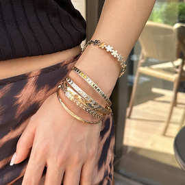 欧美跨境甜酷ins雕刻花纹花朵手镯bracelet 时尚金属纹理叠戴手环