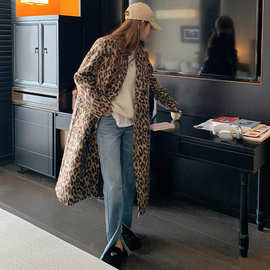 跨境新款女装2023冬季豹纹毛呢大衣女式长款呢子外套