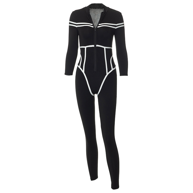 Fashion Color Block Spandex Polyester Full Length Contrast Binding Jumpsuits