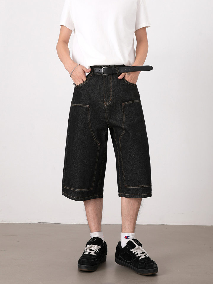 Quần jean nam ống suông rộng lửng giặt mài phong cách retro — Denim đen, Xanh nhạt, Xanh đậm