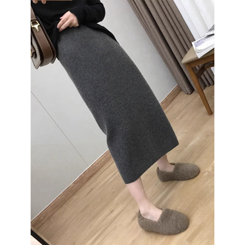 Autumn and Winter French Retro Slit Knitted Skirt Women's Sexy Slim Woolen High Waist Hip Long Skirt