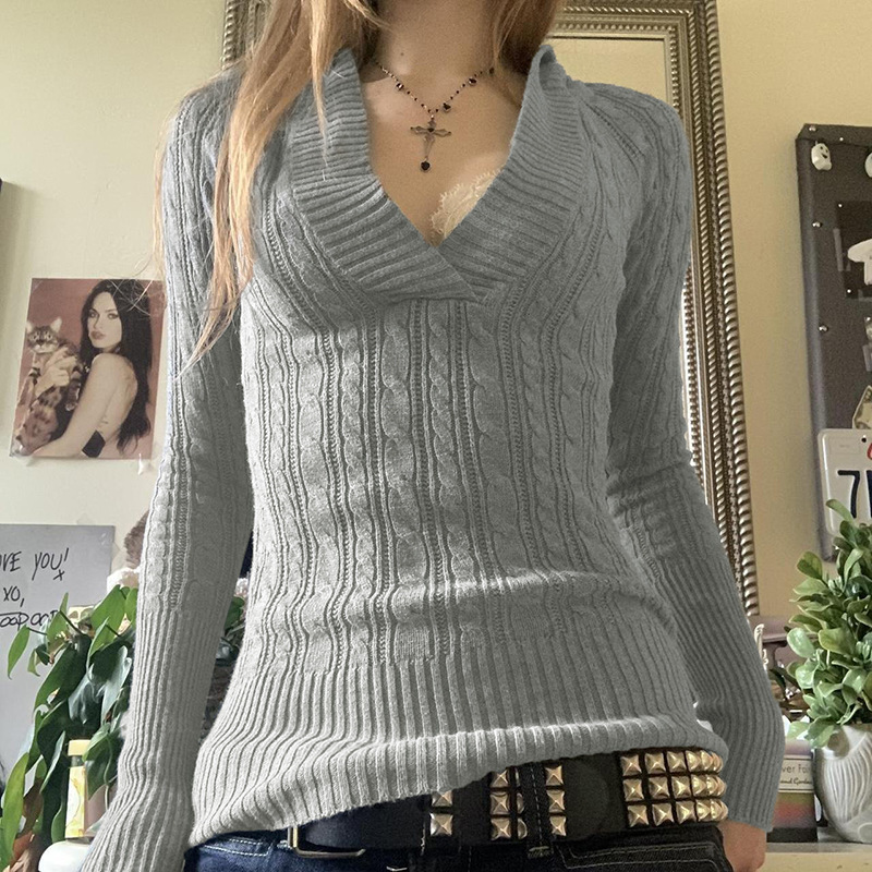 欧美女装秋冬新品时尚纯色绞花编织连帽毛衣交叉V领休闲毛织上衣|undefined