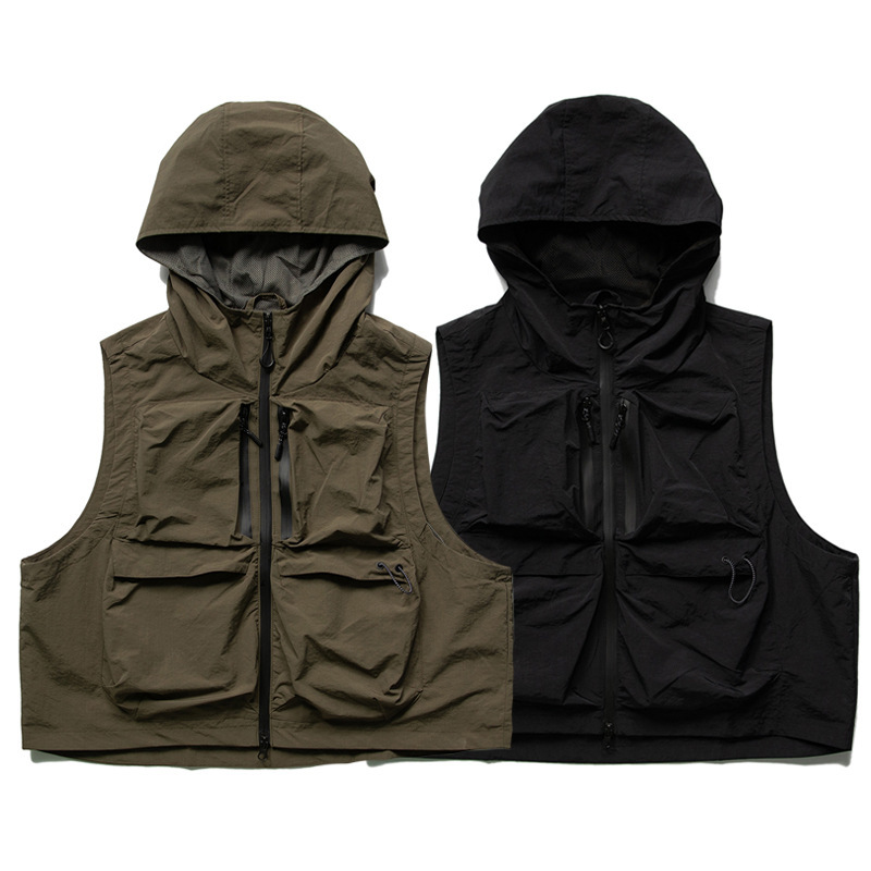 Outdoor mountain camping functional multi-pocket workwear hooded vest, unisex loose layering short vest trendy