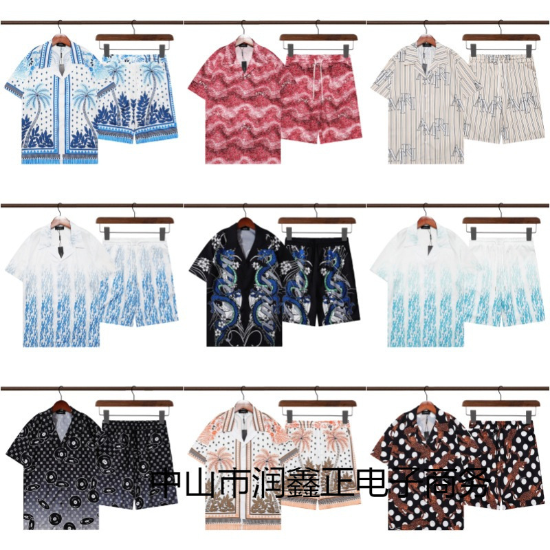 Cross-border Wholesale AMIRI 2024 Summer Ice Silk Fashion Casual Beach Men's Cardigan Short Sleeve Shirt suit