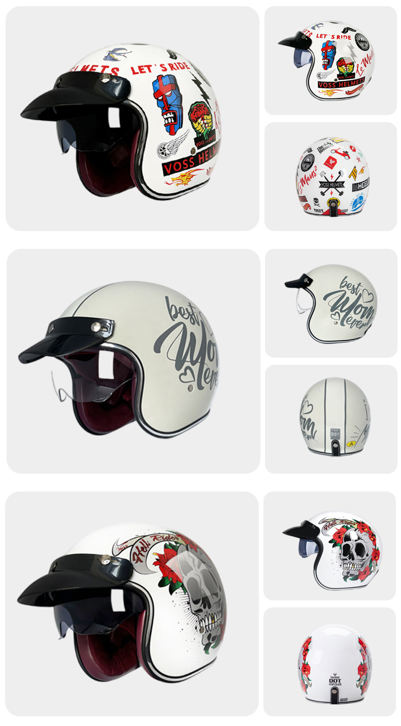 Voss Retro Helmet with Internal Mirror for All Seasons, Personalized for Men and Women, Large Size, Warm Motorcycle Helmet, 3/4 Safety Helmet