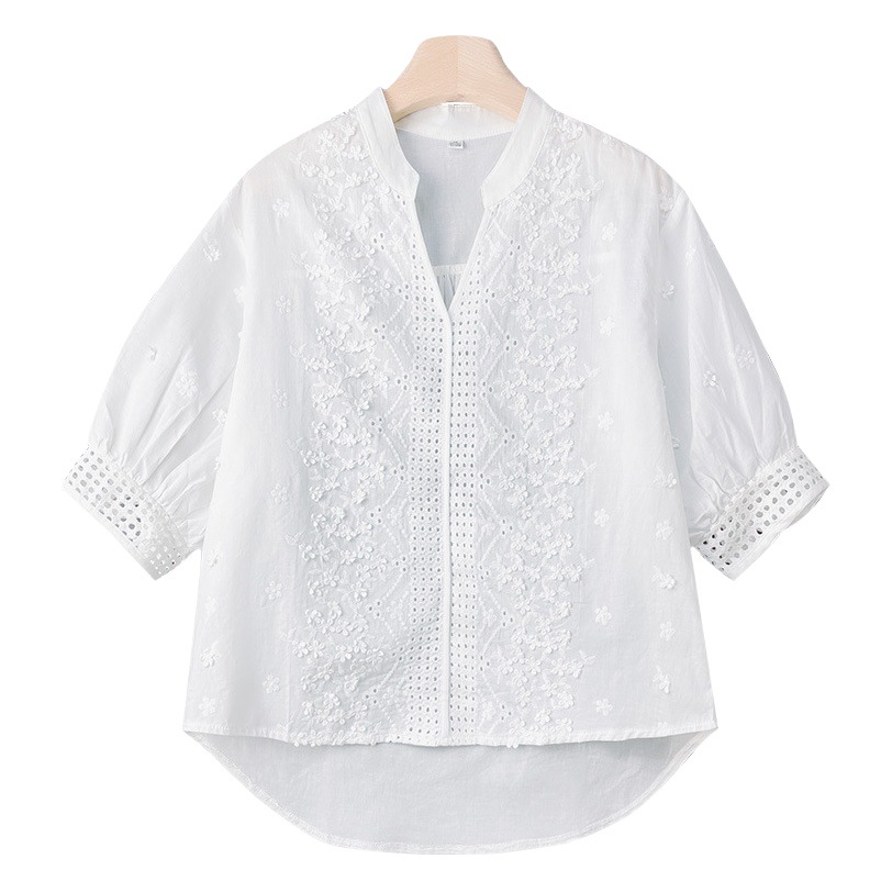 Camisa de algodón con bordado francés para mujer, manga media, verano 2026, blusa hermosa y juvenil, top único.