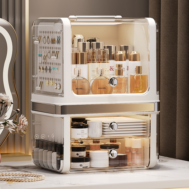 Caja de almacenamiento de cosméticos de escritorio multifuncional dividida en secciones estante de almacenamiento a prueba de polvo tipo cajón máscara de lápiz labial caja de almacenamiento