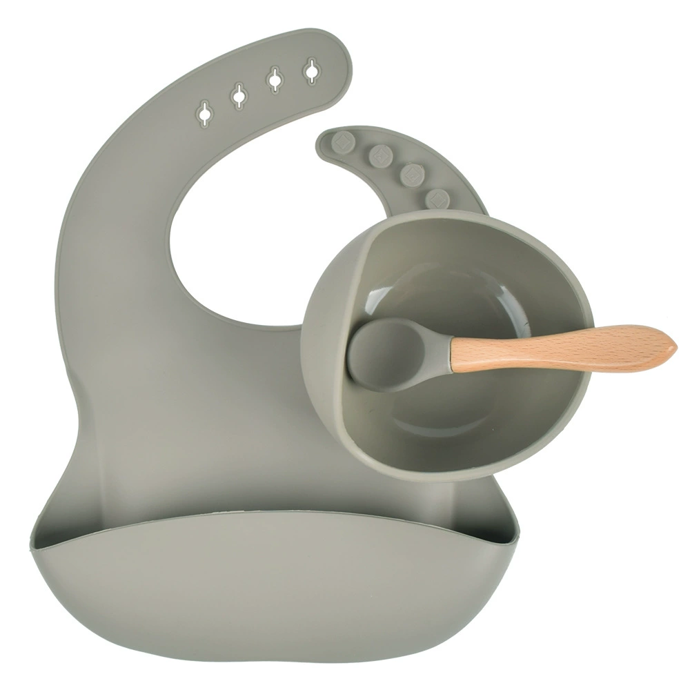 Silicone children's tableware set — bib, bowl and spoon with suction base, multi-color