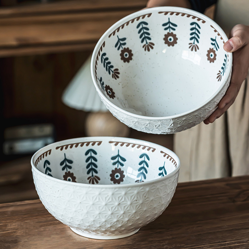 Japonés retro en relieve tazón de cerámica pequeña sopa de cártamo tazón de gran capacidad cubiertos domésticos tazón de gran tamaño tazón de frutas tazón