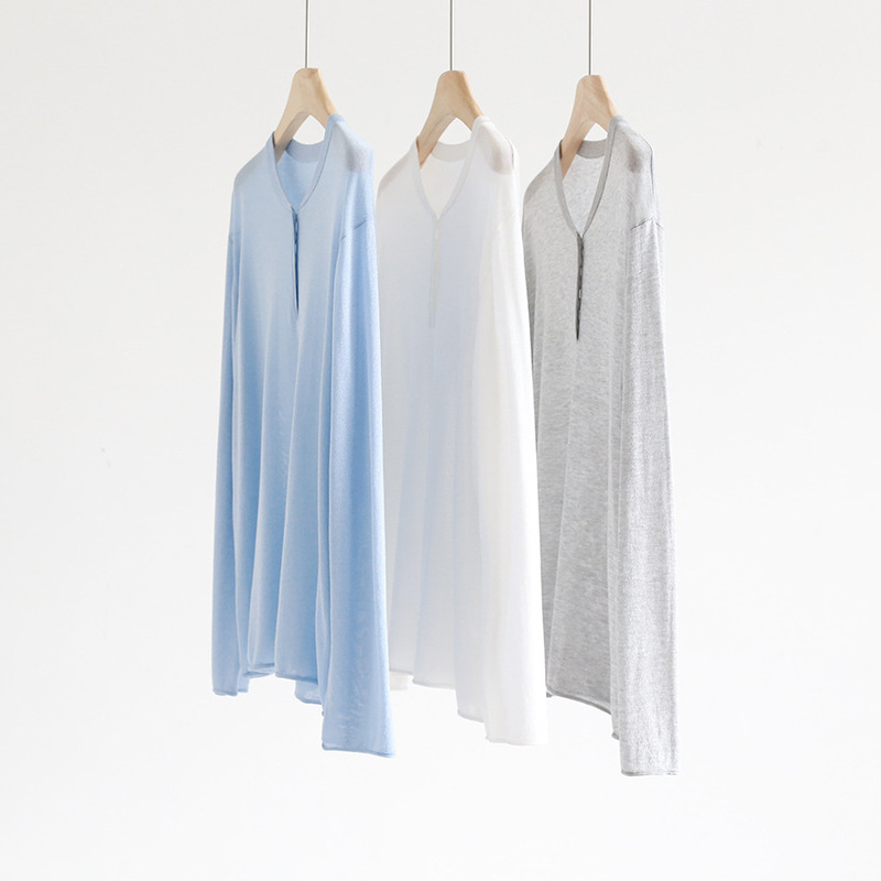 Summer New Classic Yuke Collar Glitter Tencel Thin Long-Sleeved Knitwear Bottoming Shirt Loose Pure Color Blouse for Women