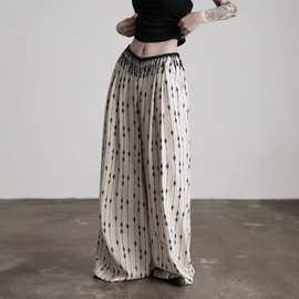 韩版夏季新款印花腰链白色直筒宽松阔腿薄款复古慵懒条纹休闲长裤