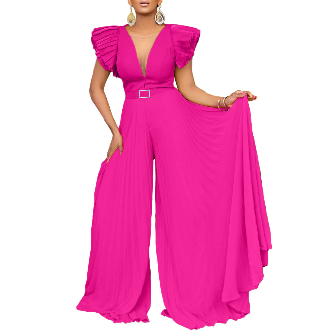Women's Clothing sexy deep V pleated wide leg large size jumpsuit_voghion.com