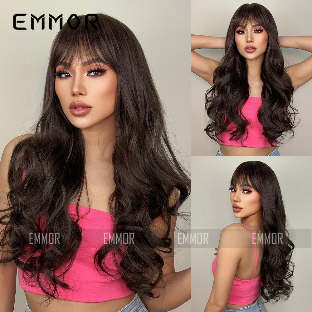 Peluca europea y americana de las mujeres tocados de longitud media de ocho caracteres Bangs negro largo pelo rizado fibra química peluca Peluca de pelo