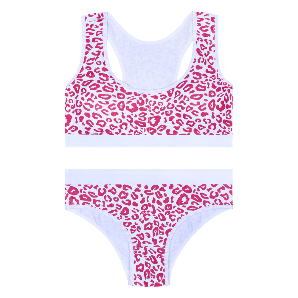 Ropa interior de desarrollo para niñas, copa fija de algodón con almohadilla para el pecho, sin anillo de acero, estampado de leopardo, sujetador de espalda deportivo para niñas